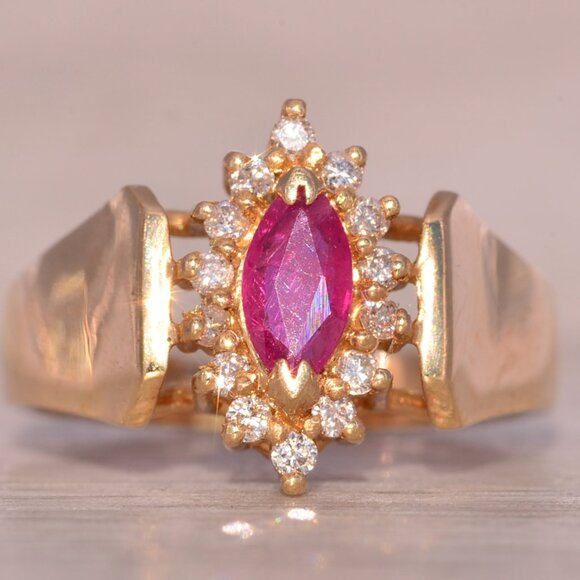 Vintage 1980's Ruby Navette Ring with Natural Diamonds